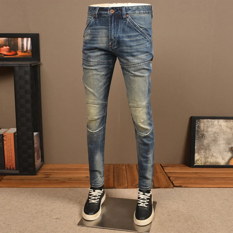 Jeans da uomo di moda di strada di alta qualità retrò lavato blu elasticizzato Slim Fit impiombato Designer Biker Jeans uomo pantaloni in Denim Hip Hop