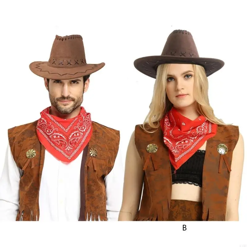 

K1ME Cow-boy Costumes Includes Cow-boy Hat Vests Scarf Comfortable Wear for Men Women Halloween Party Cos-play