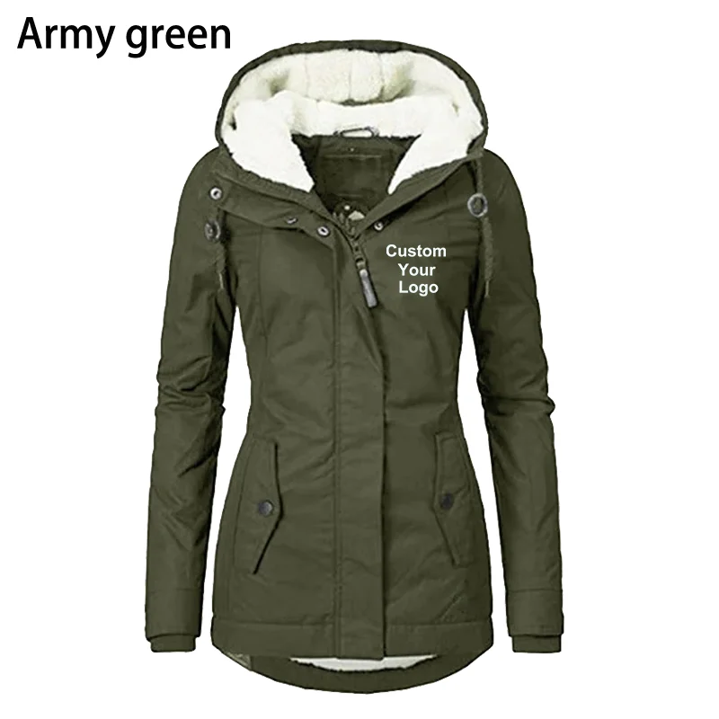 Women Custom Your Logo Fashion Chic Drawstring Hoodie Parka Coat Winter Warm Padded Jacket Winter Slim Zipper Hooded Jacket