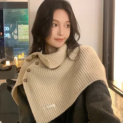 Poncho Cloak Button Split High Necked Shawl Women's Autumn Winter Korean Version Versatile Pullover Knitted Cape Beige