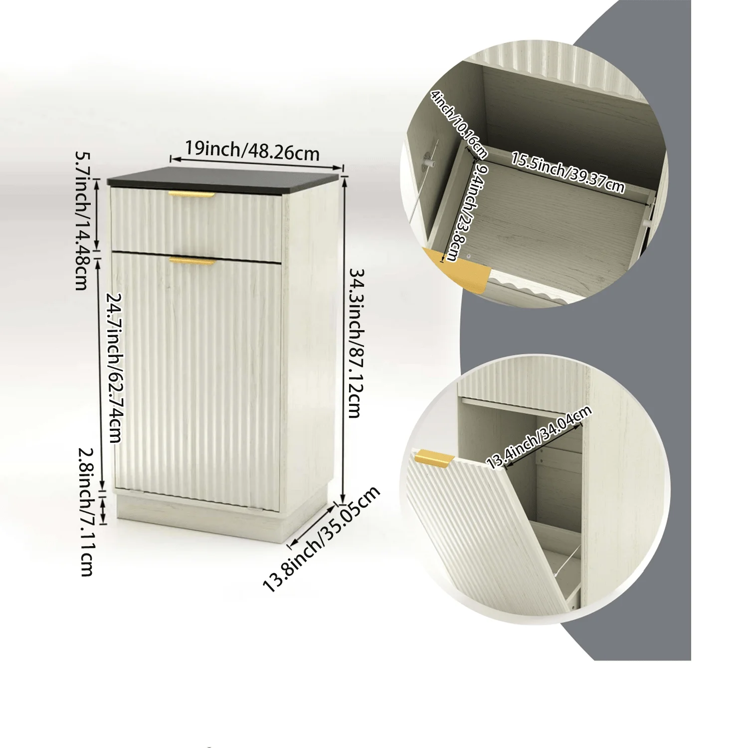 

10 Gallon Tilt-Out Trash Can Cabinet With Wave Texture Drawer And Pull-Out Bin For Kitchen Living Room