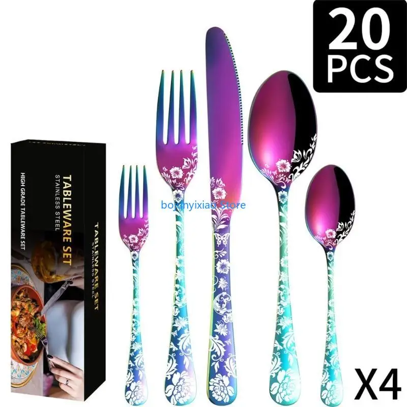 

900B 20 Pcs Unique Floral Silverware Flatware Cutlery Set Stainless Steel Utensils