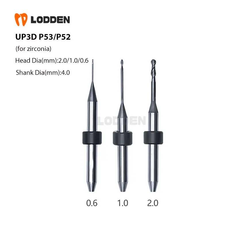 Wiertła dentystyczne UP3D P53 D4 * 0,6 mm/1,0 mm/2,0 mm Frez z powłoką diamentową do 5-osiowej frezarki do tlenku cyrkonu P52