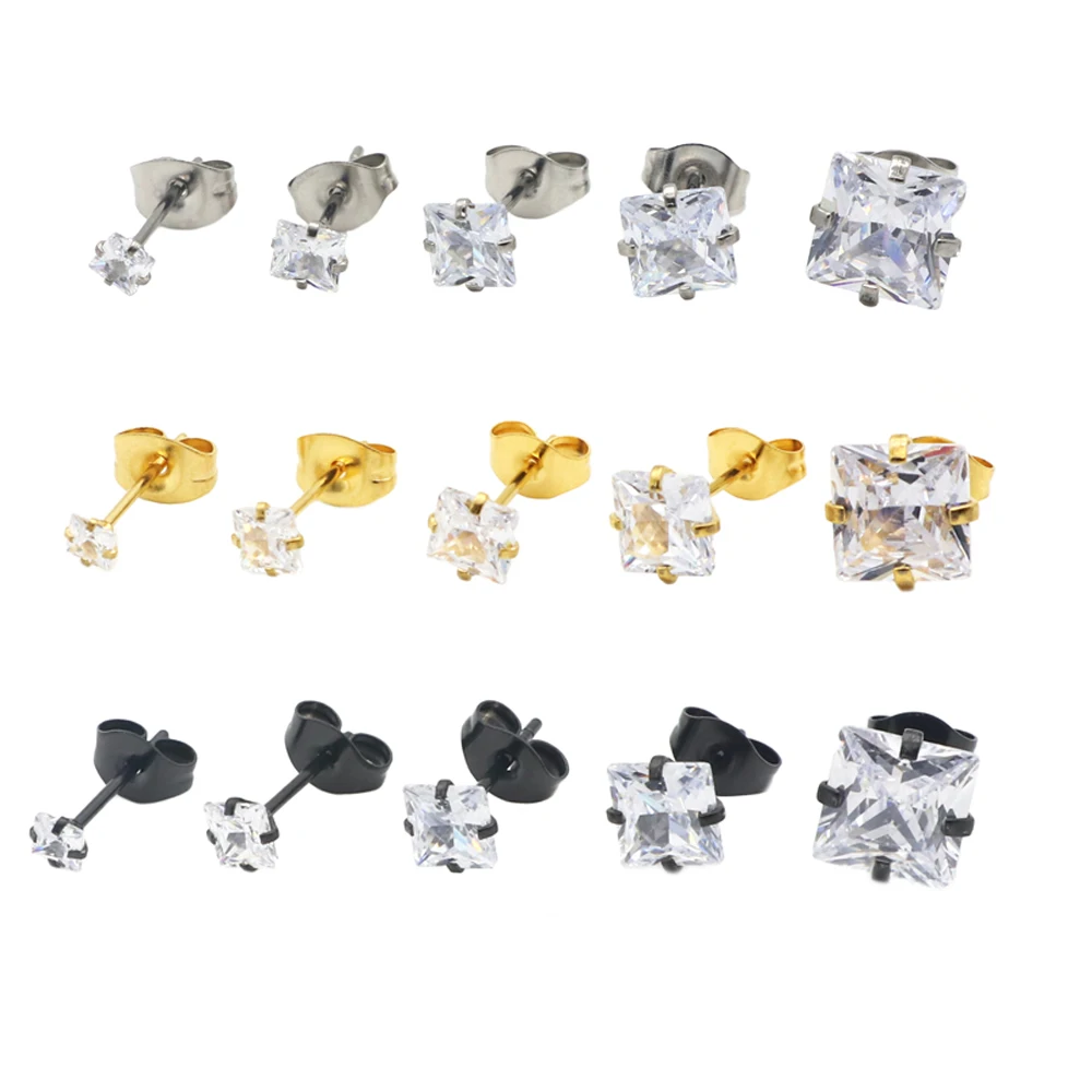 square clear zircon ear stud earring para homens e mulheres cristal de aco cirurgico cz pequenas joias atacado 60 pcs 01