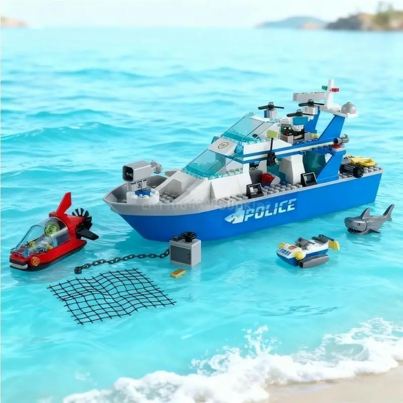Juego de juguetes de ensamblaje de barco patrulla policial, modelo de bloques de construcción adecuados para niños y niños, regalos de Navidad
