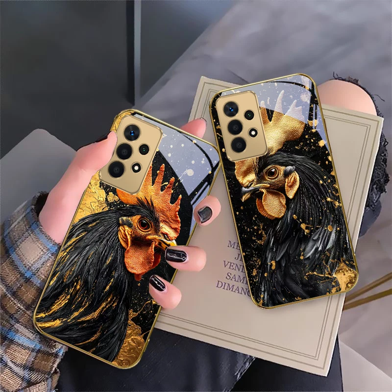 

Brave Golden Rooster For Samsung A 01 52S A04 A05S A10 A12 A13 22 23 24 36 42 M02 Note 10 20Ultra 8 9 Golden glass phone case