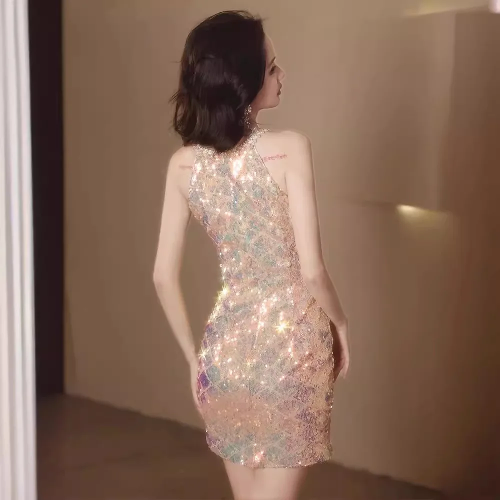 짧은 파티 작은 이브닝 원피스 스커트 여성, 연회 가벼운 럭셔리 데일리 스타일 스팽글, 사교계 모임 의류