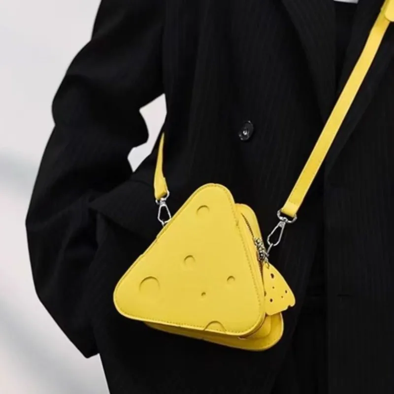 Sweet Cute Brown Triangle Cheese Shoulder Bag Women Circle Print Mini Leather Crossbody Bag Ladies Daily Lipstick Earphone Purse