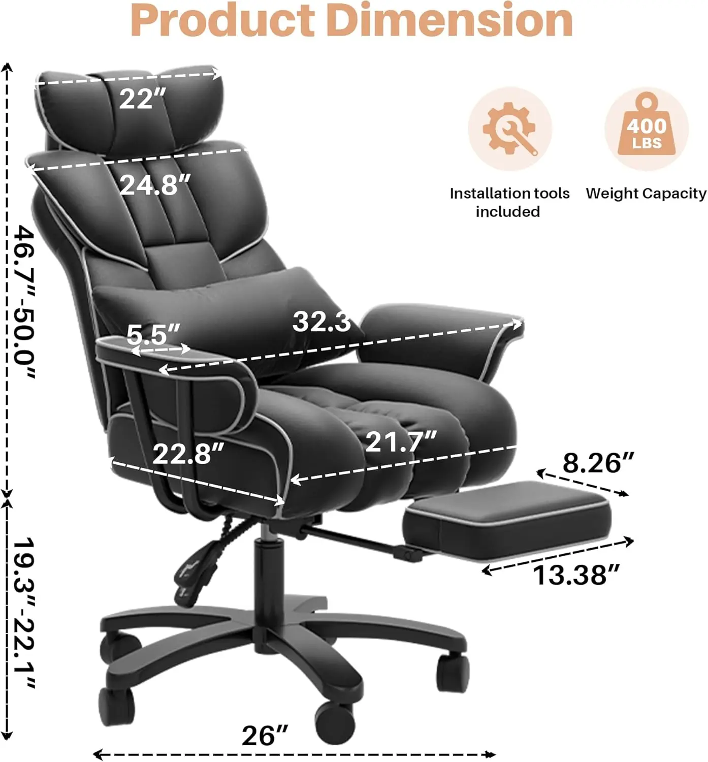 Chaise de bureau inclinable avec repose-pieds et support lombaire, siège large, grand et grand, cuir à dossier haut, bureau à domicile