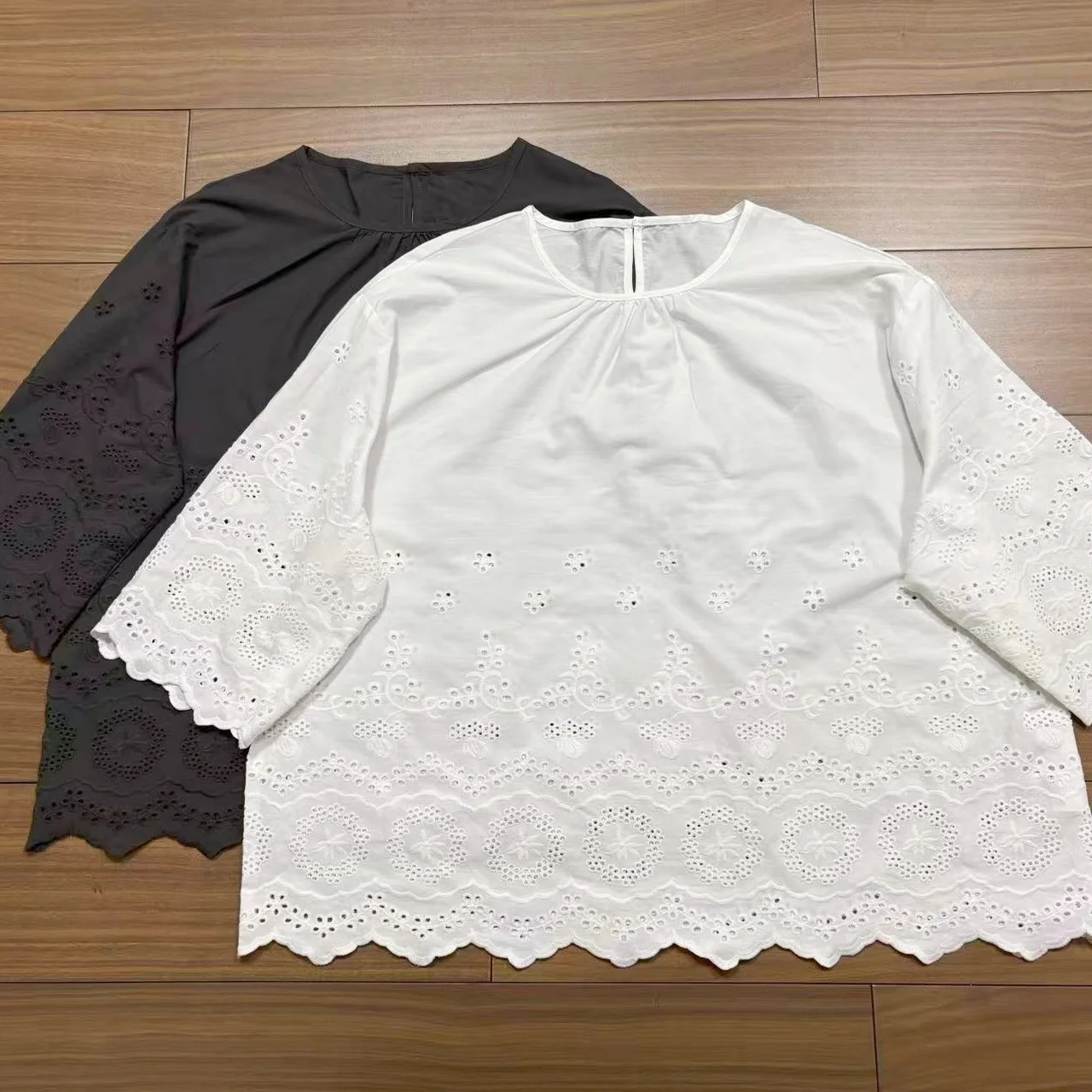 

Cotton Short Sleeve round Neck Pullover Shirt Women's Summer New Style Hollow Wave Loose Slimming Pure Cotton Shirt