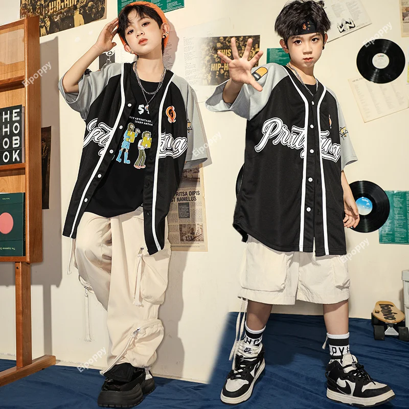 Hip Hop Boys Loose Baseball Jacket Cargo Pants Girls Streetwear Coat Street Dance Shorts Child Jazz Clothes Sets Kids Costumes