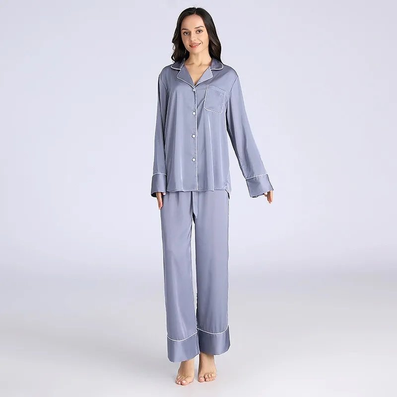 New Spring, Summer and Autumn Thin Silk Pajamas Casual Ladies Ice Silk Home Wear Pullover Pajamas Sleepwear