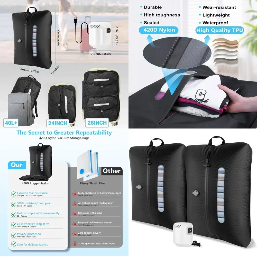 

Travel Vacuum Storage Bags with Transparent Window & 5KPa Pump, Space-Saving for Clothing, Reusable Organizers for Luggage, Back