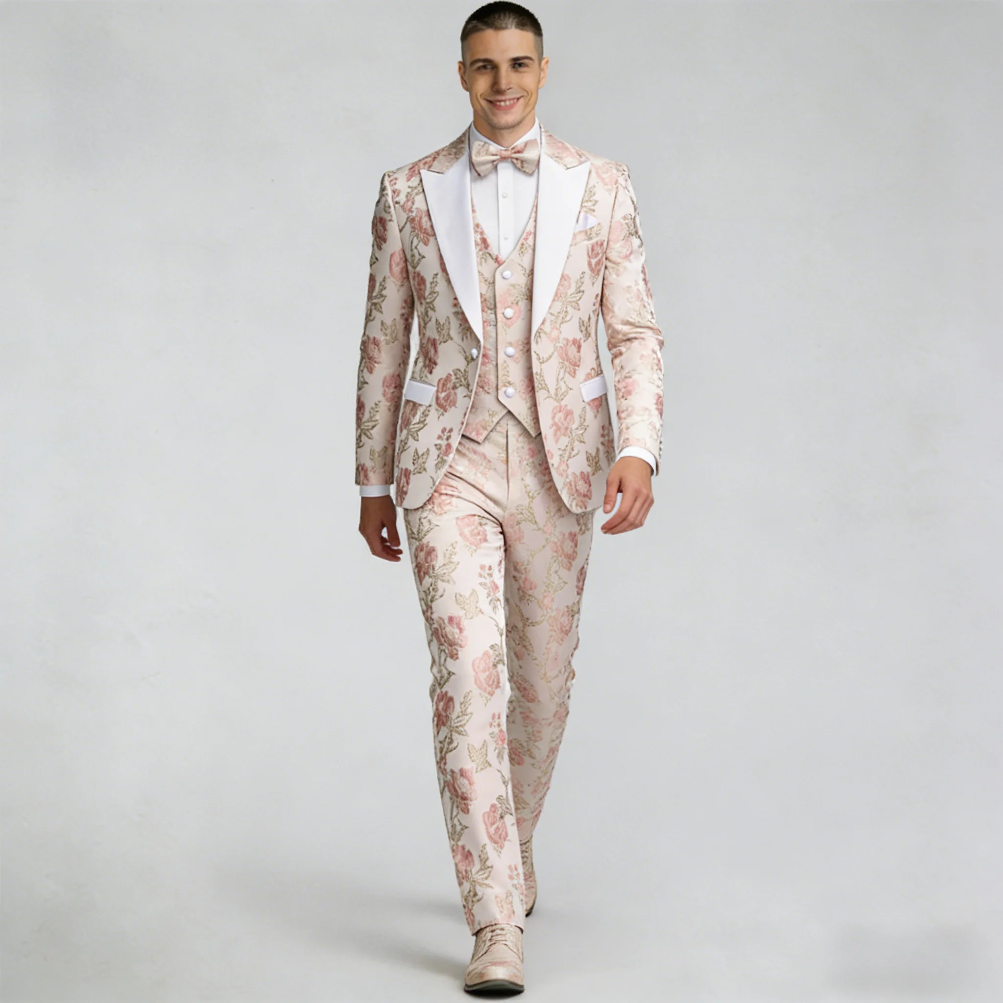

2026 Costume Homme Male Clothing Men Suits Pink Floral Tailor-Made Jacket Vest Pants Business Formal Wedding Party Blazer Sets