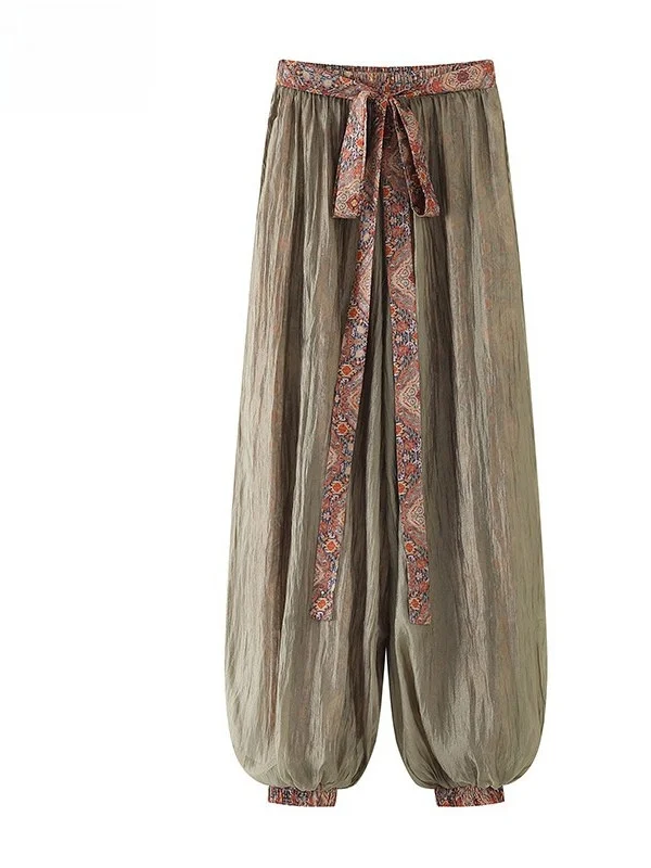 Ethnic Style Thin Lantern Pants High Waist Cuffed Nine Points Cut Label Summer Casual Slimming Harlan Pants for Women