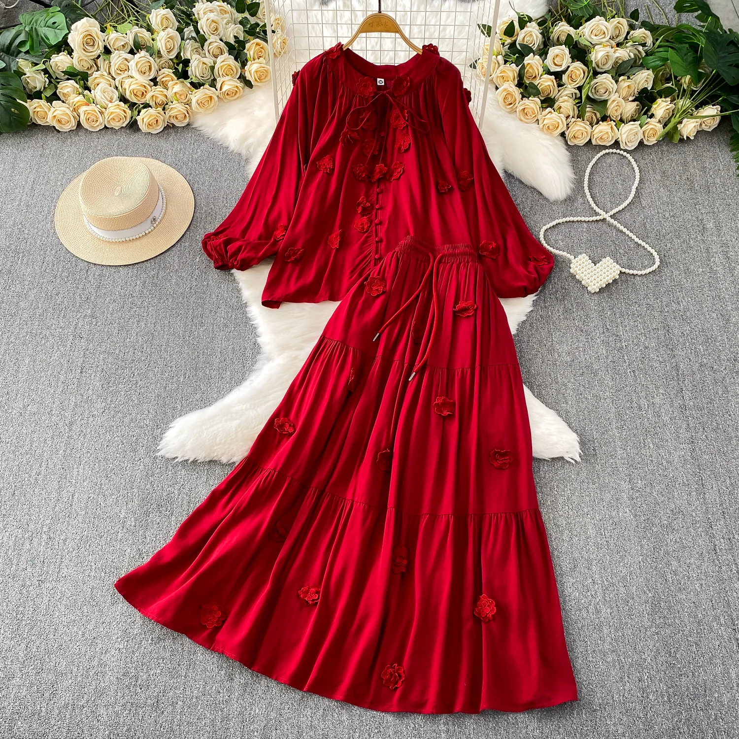 

Three Dimensional Flower Round Neck Long Sleeve Shirt for Women Autumn High Waist Slimming A-line Skirt Set