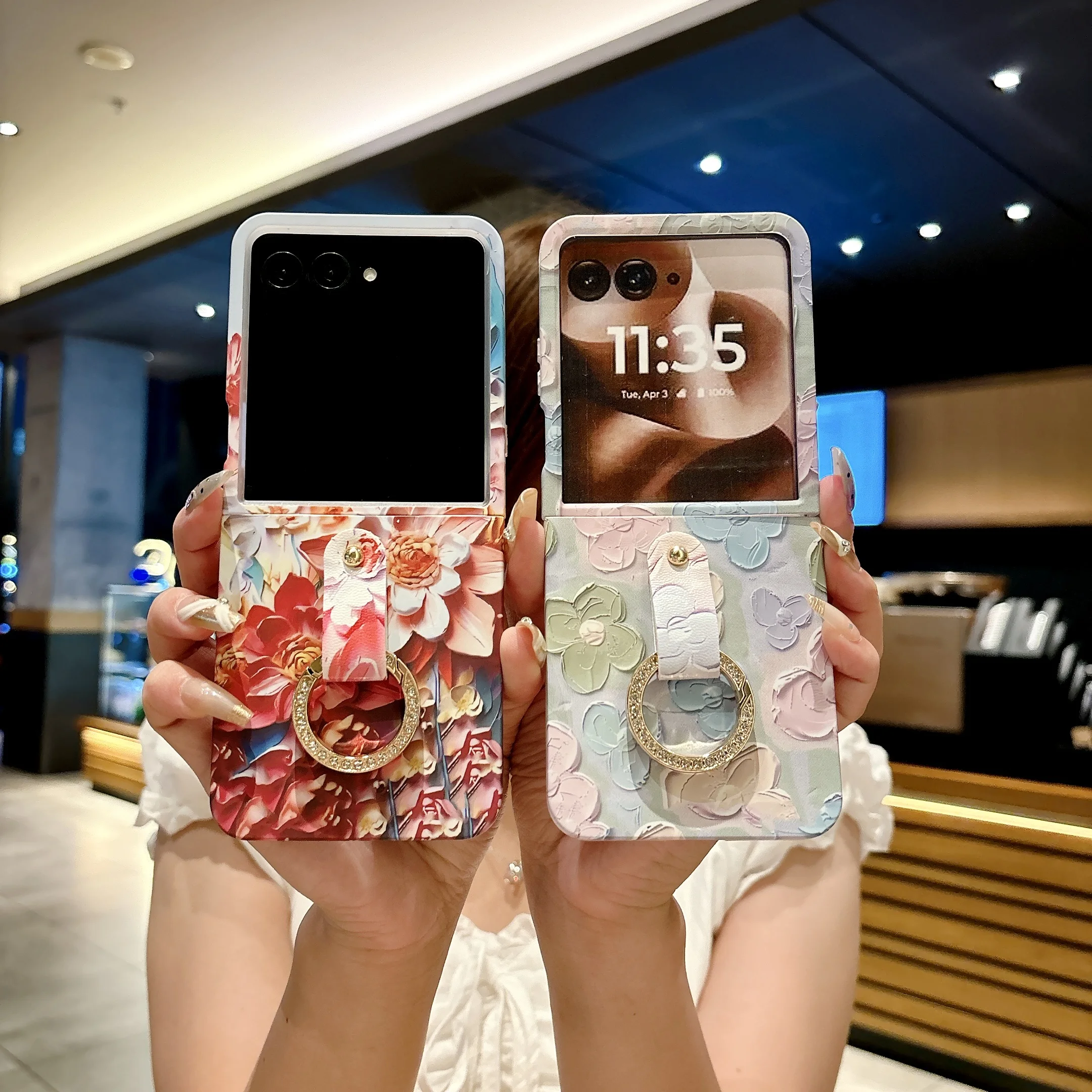 

Back Cover For Xiaomi Mix Flip 1 2 Case Watercolor Flower Finger Ring Bead Wristband Chain Hard Pc Shockproof Phone Case