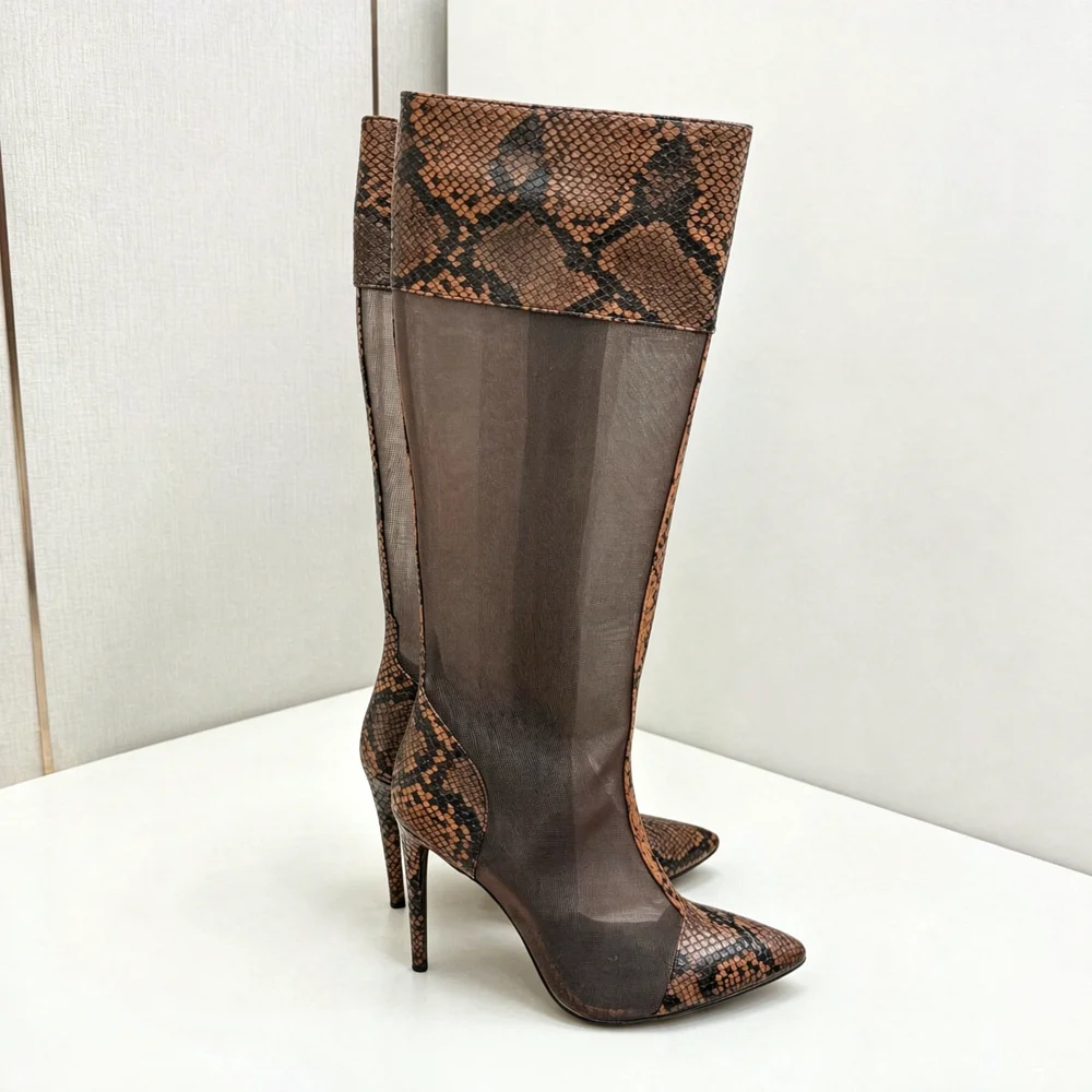 Ladies Sheer Mesh Knee High Boots Snake Skin Print Trim Pointed Toe Stiletto Heel Tall Boots Side Zipper Design Fashion Footwear