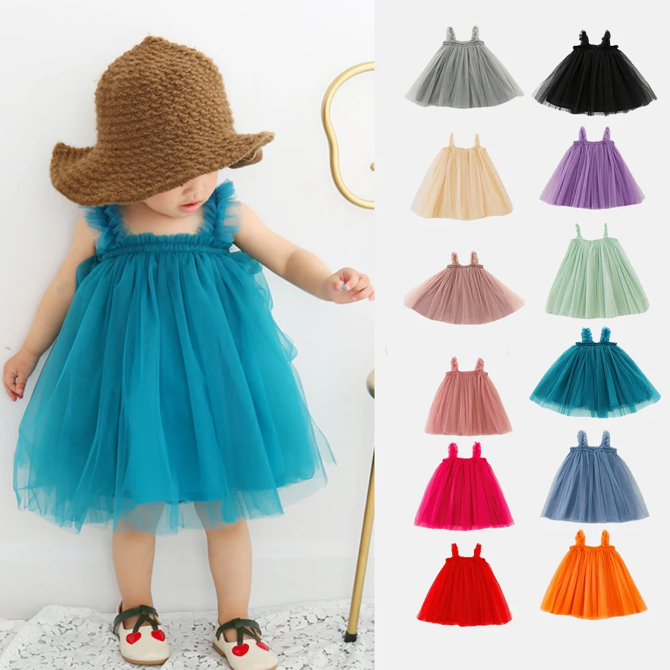 Little Girl Beach Tutu Solid Color Sling Tulle Sling Frocks 1-6 Yrs Kids Cute Sundress Child Girl Ceremony Costume