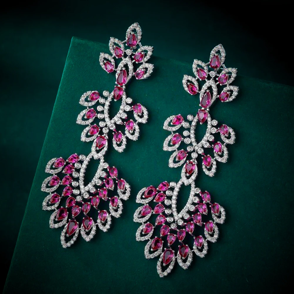 

IN JEWELIFE Trendy Flower Big Drop Earrings for Women Ruby Cubic Zirconia Earring Jewelry Accessories 014873