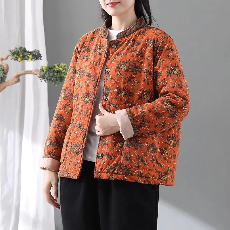 

Осенне-зимняя утепленная хлопковая куртка для женщин: теплая, с широким воротником, принтом, винтажным воротником, цветочным узором, короткая верхняя одежда