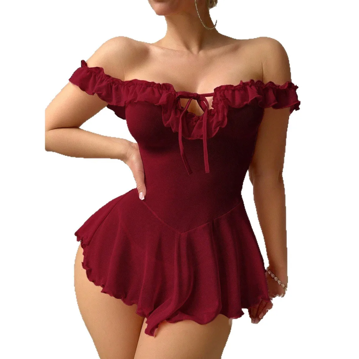 

Wine Red Plus Size Mesh Off-the-Shoulder Bodysuit: Women's Sexy Ruffle Lingerie One-Piece Sleepwear Dress with Lace