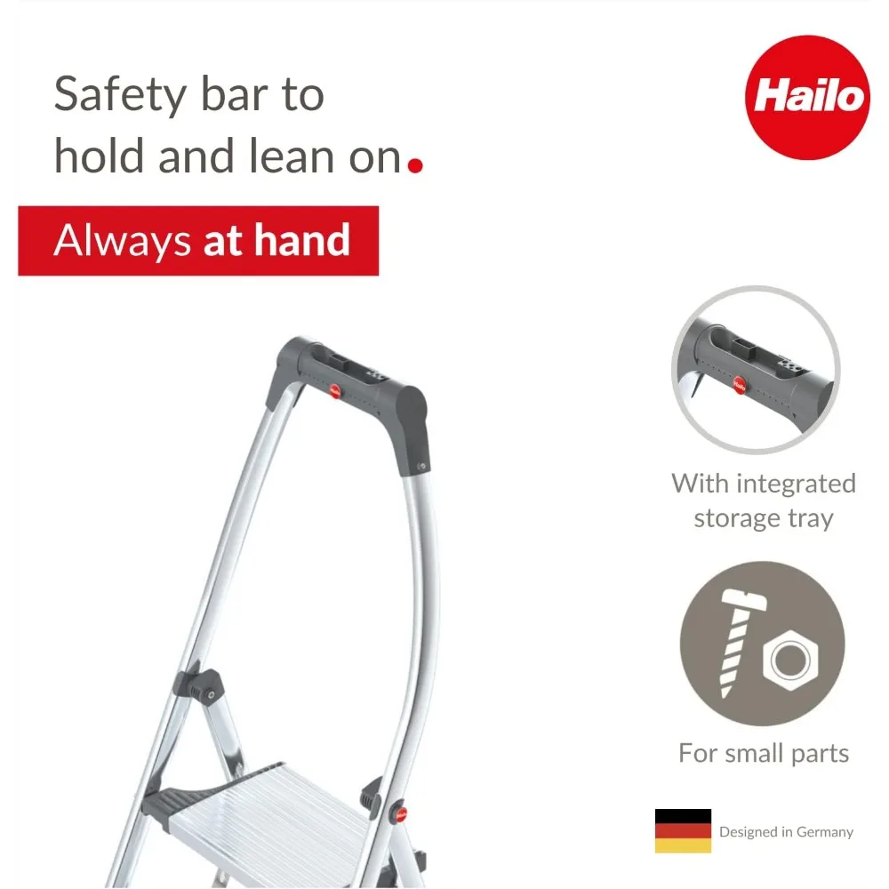 Hailo LivingStep Comfort Plus | Aluminum Folding Stepladder | Three Extra Large Steps | Stepladder with high Curved Safety bar a