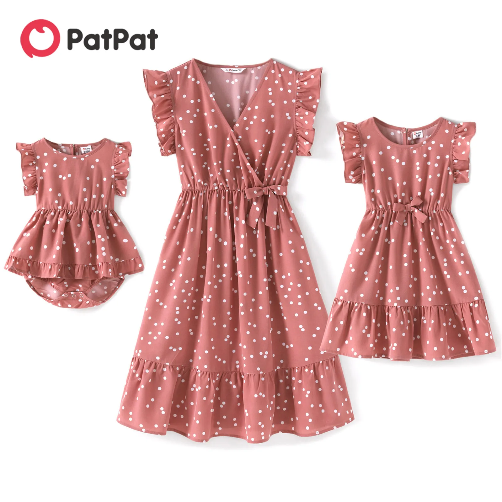 PatPat – vêtements assortis pour mère et fille, à pois, rose, col en V, à volants, manches volantées