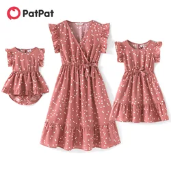 PatPat Family Matching Outfits Mother Daughter Clothes All Over Dots Pink Cross Wrap V Neck Ruffle Flutter-sleeve Dresses