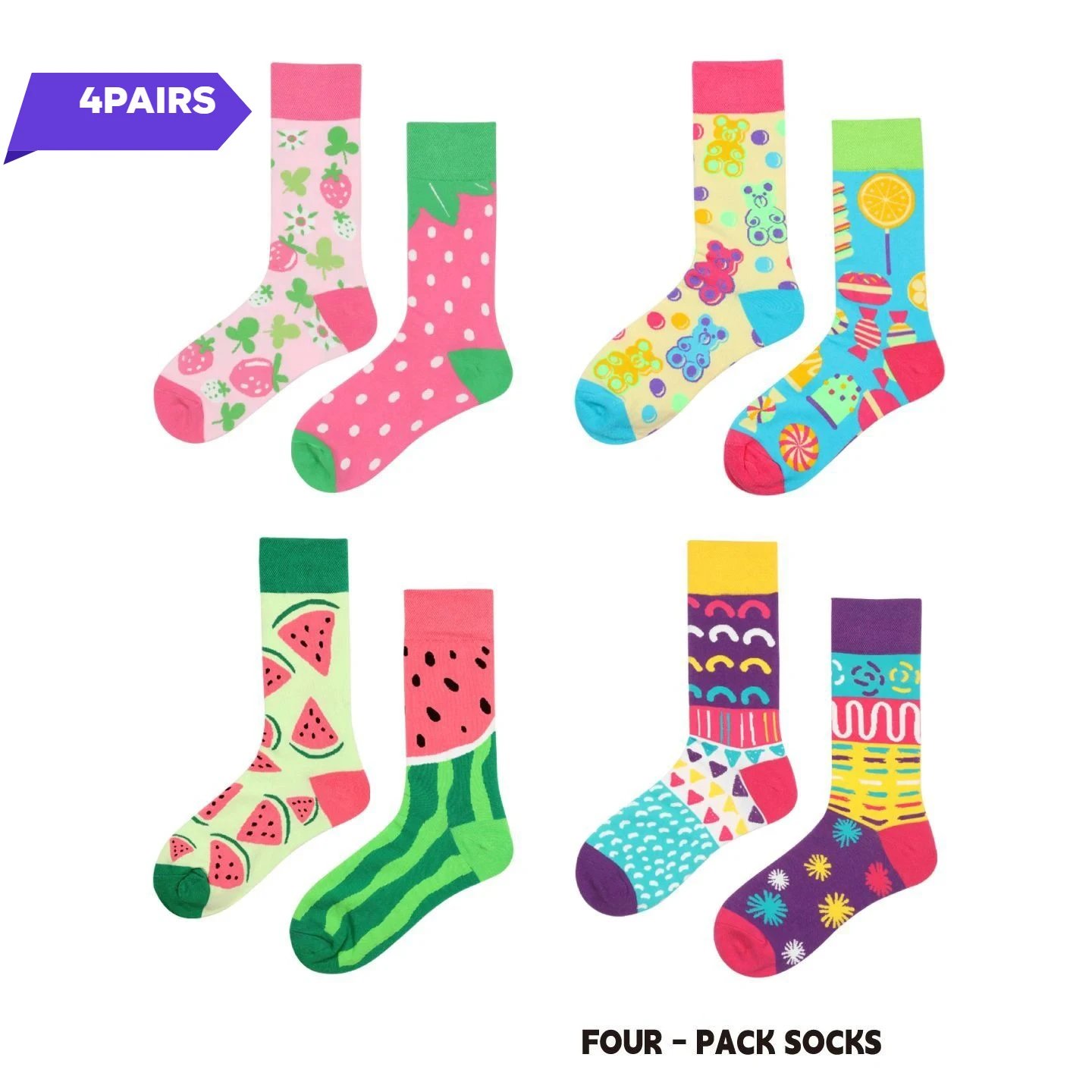 【4 Paar】 Herren- und Damensocken, Original AB Tide Socken, bunte Kuh-Baumwollsocken, Tiere, Früchte, abstrakte Figuren, Blumen, Musiknoten
