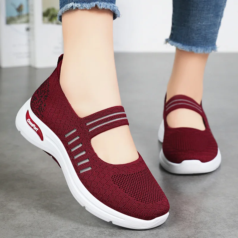 2024 New Mesh Mary Janes Shoes Platform White Striped Sneakers Woman Loafer Trainers Summer Breathable Knitting Flats