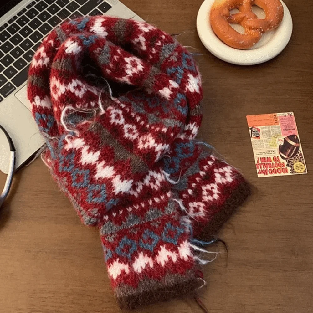 Retro Warm Jacquard Knitted Scarf Printed Wool Fair Isle Style Scarf Cold Protection Vintage Winter Wool Neckerchief Outdoor