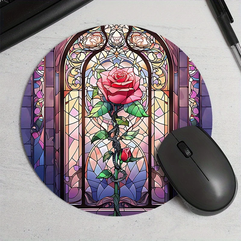 

Colored glass rose design Circular Mouse Pad kawaii Desk Mat Desktop accessories mouse pads non-Slip rubber base Durable