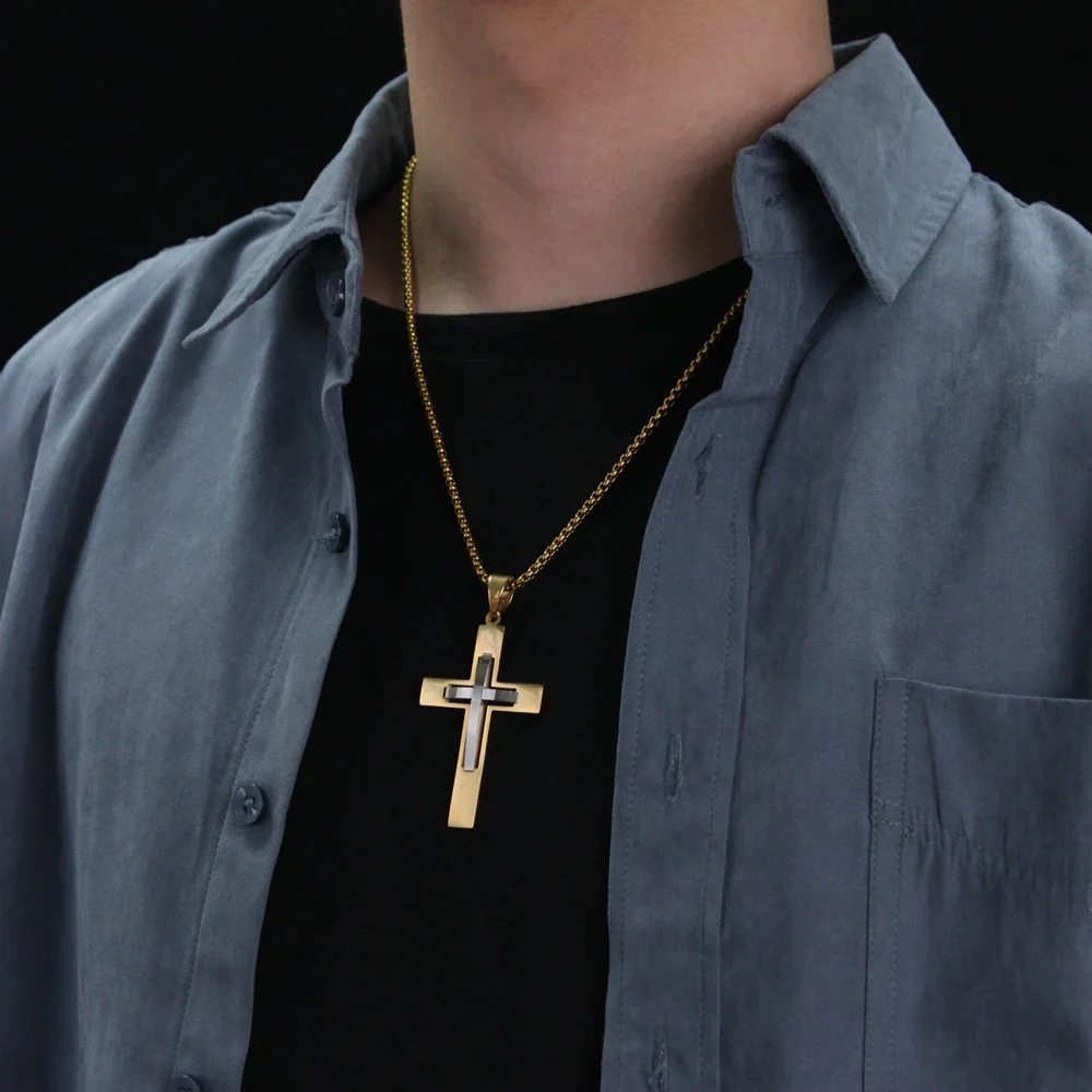 JHSL Male Men Cross Pendants Necklace Fashion Christian Jewelry Chain Stainless Steel Black Silver Gold Color New Arrival 2023