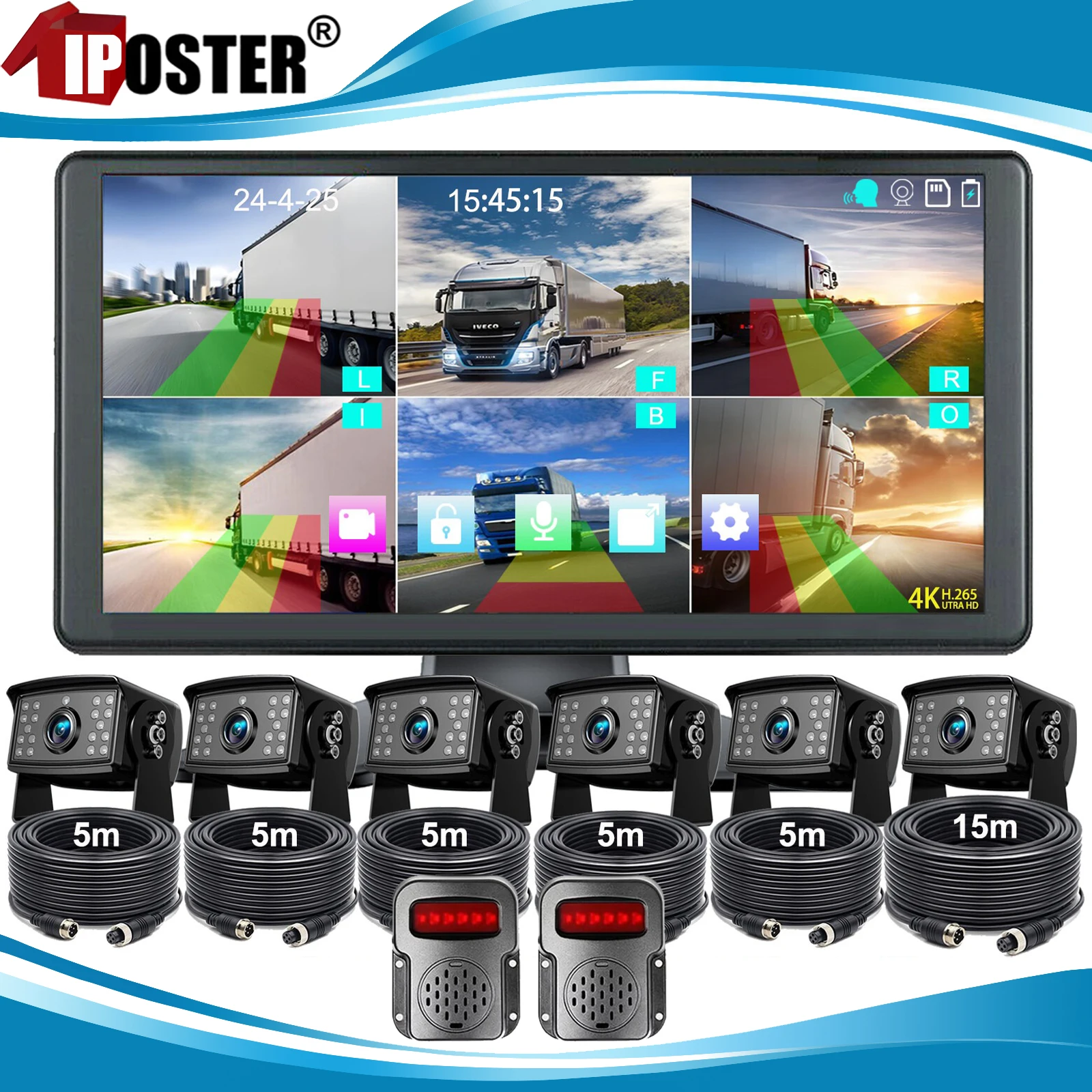 

iPoster 10.36" IPS DVR Monitor Blind Spot Radar BSD Alarm + 6x 720p AHD Rear View Camera For Truck Camper RV Bus Trailer