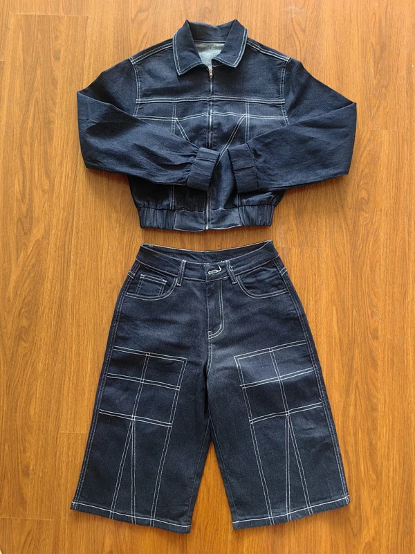 Damen-Denim-2-Teiler-Outfit mit Kontrastnähten, Reißverschluss-Crop-Jacke, hochtaillierter knielanger geradem Hosen, Y2K-Streetwear-Matching-Set – Detail 9