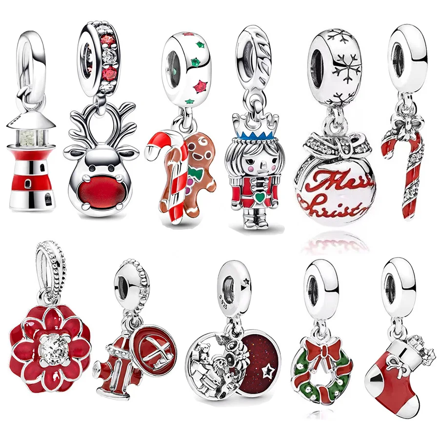 Hot Sale Gingerbread Man & Red Nose Reindeer Dangle Charms Beads Fit Original Silver 925 Pandora Bracelet Christmas DIY Jewelry