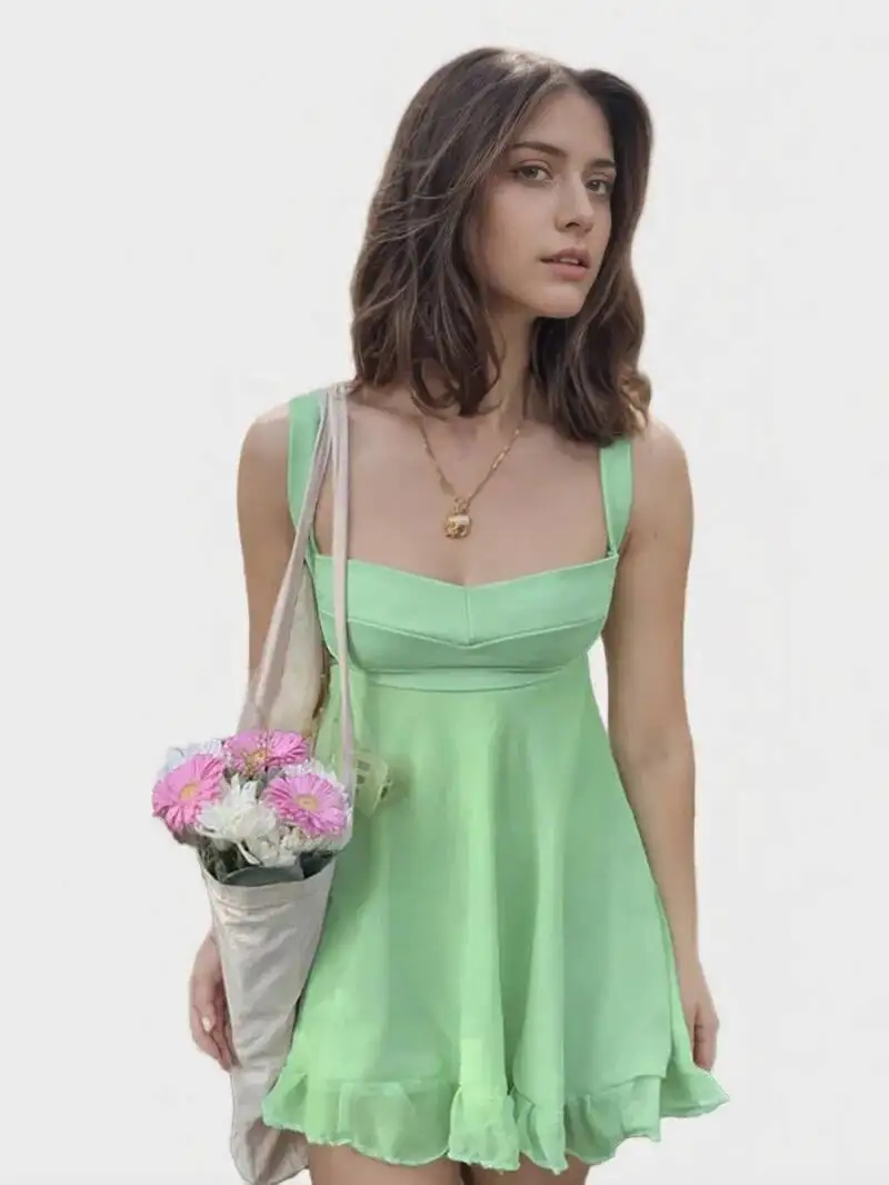 فستان من Vestidos Elegantes Para Mujer بلون سادة مع فتحة نحيفة فستان مكشكش مثير بدون ظهر للسيدات قطع علوية خضراء حلوة CI8L