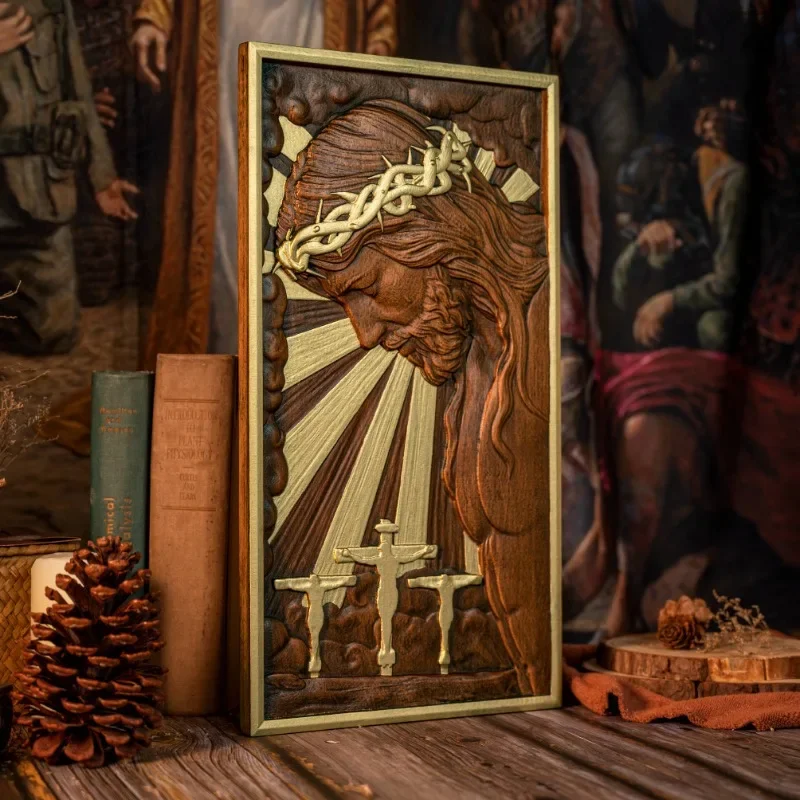 Christian Solid Wood Plaque Jesus Statue of Crucifix for Home Decor, Wall Hanging Gift