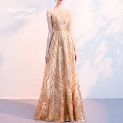 Customized Golden Sequined Evening Dress Female 2024 New Elegant Long Temperament Prom Dresses Banquet Host Wedding Party Vestid