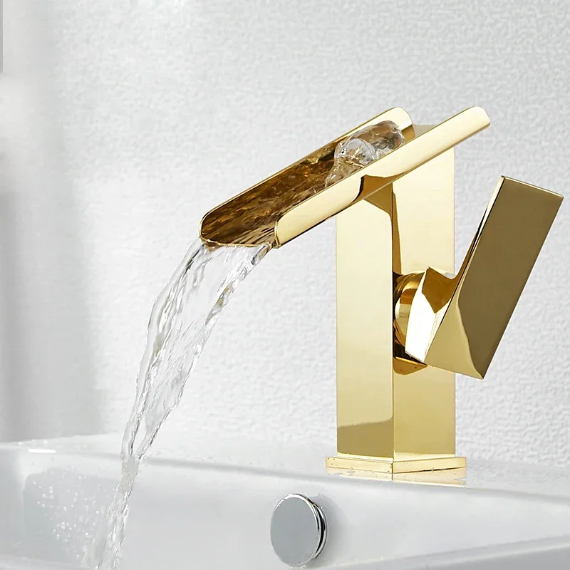 Black Brass Waterfall Wash Basin with High And Low Faucet for Hotel Toilet Home Bathroom - Hot And Cold Water Compatible