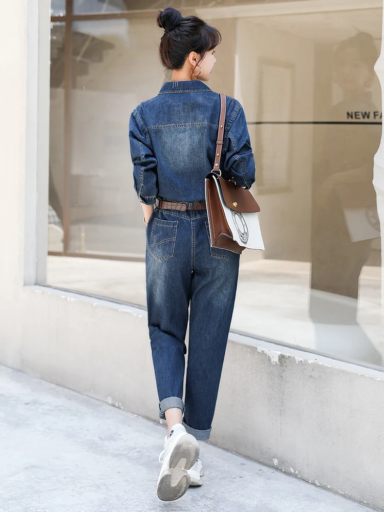 Modny dżinsowy kombinezon damski, casualowy, dopasowany, wiosenno-jesienny, nowy, z wysokim stanem, spodnie z prostymi nogawkami.