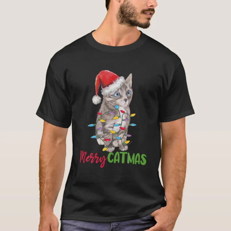 

Christmas Gray Tabby Cat Ugly Xmas Tree Lights Pajama T-Shirt 100% Cotton O-Neck Short Sleeve Casual Mens T-shirt Size S-3XL