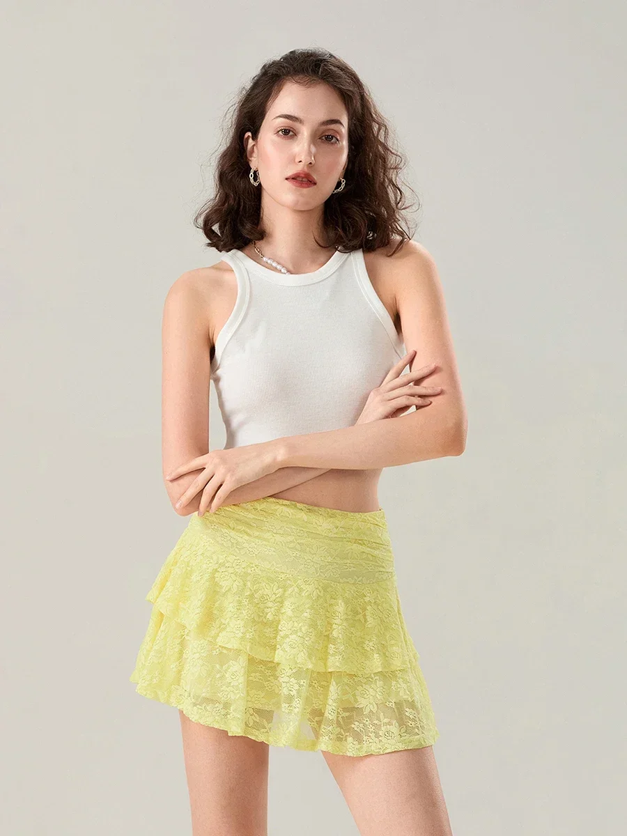 Fashion Sweet Lace Flower Layered Ruffled Skirt Womens Fashion High Waist A-Line Mini Skirt for Daily Party Club Streetwear 2024