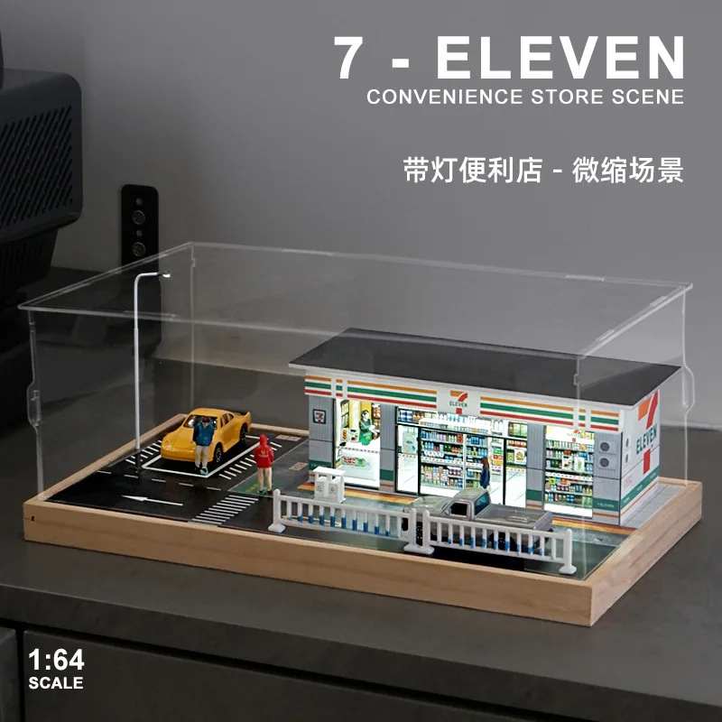 1:64 Simulation convenience store street view car parking lot model scene Solid wood with light display box