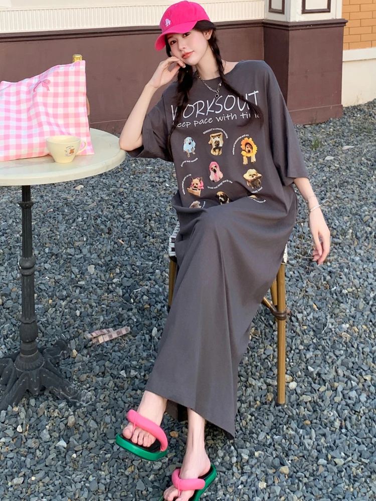 NYFS ฤดูร้อน 2025 ชุดสตรีหลวมพลัสขนาดการ์ตูนลูกสุนัขพิมพ์เสื้อยืดแขนสั้นชุดยาว Robe Elbise