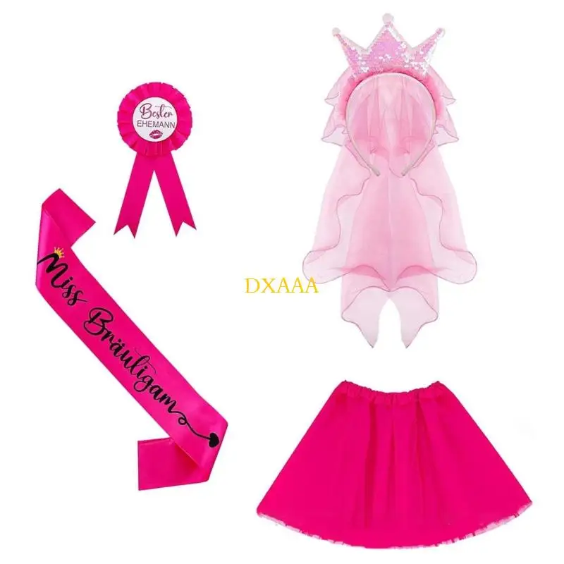 DXAA 4 ชิ้น Bachelor Party เครื่องแต่งกายอุปกรณ์เสริมสำหรับชายสีชมพู Tutu กระโปรง Veils แถบคาดศีรษะ Sash Badge Stag Party
