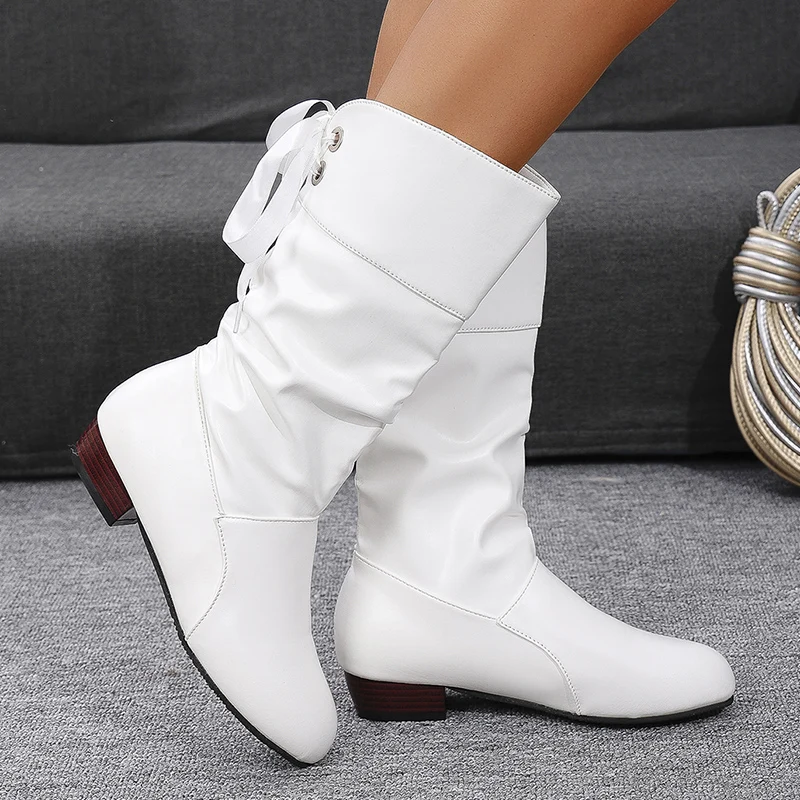 

Fashion White Women's Mid Calf Boots Pleated Design PU Leather Cowboy Boots Woman Lace Up Comfort Low Heels Casual Botas Mujer