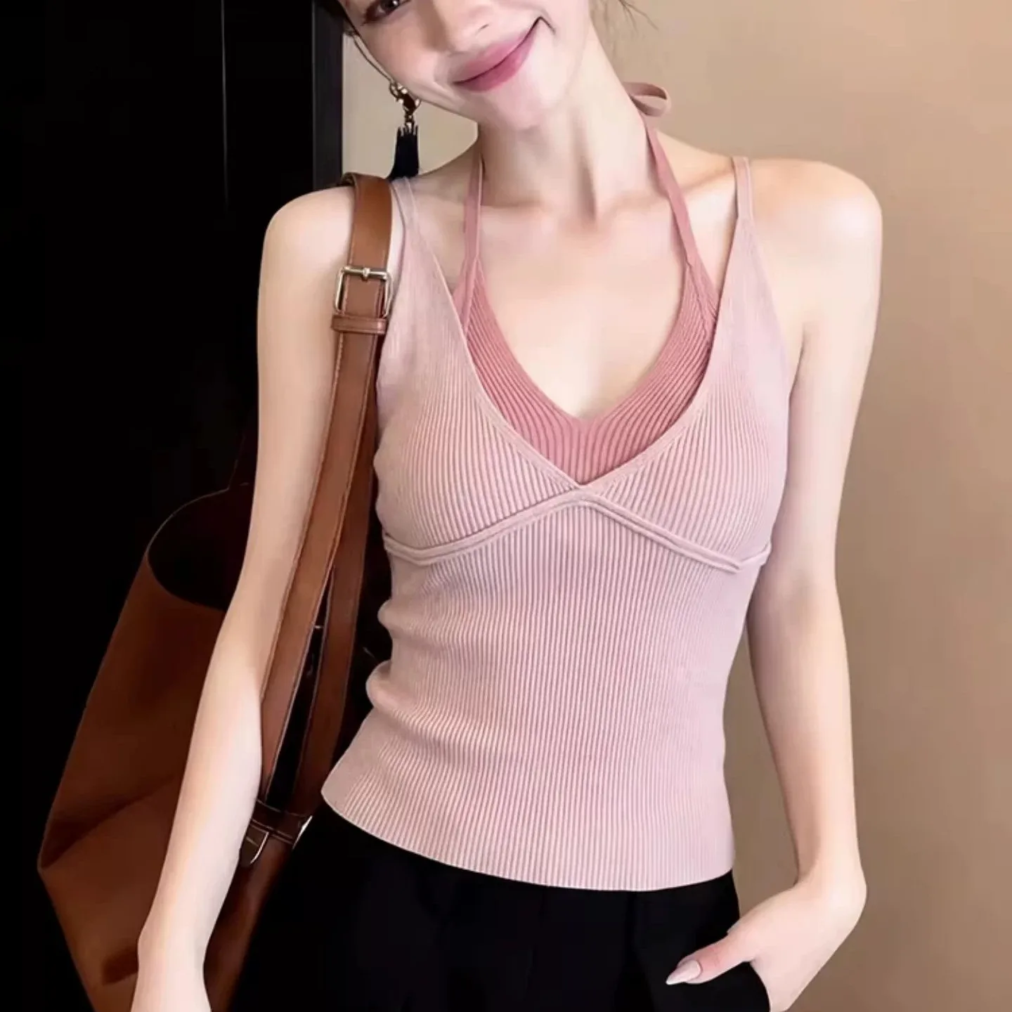 

2026 Summer Women Pink Fake Two Piece Knitted Halter Camisole V Neck Sleeveless Chic Layered Design Elegant Short Blouse