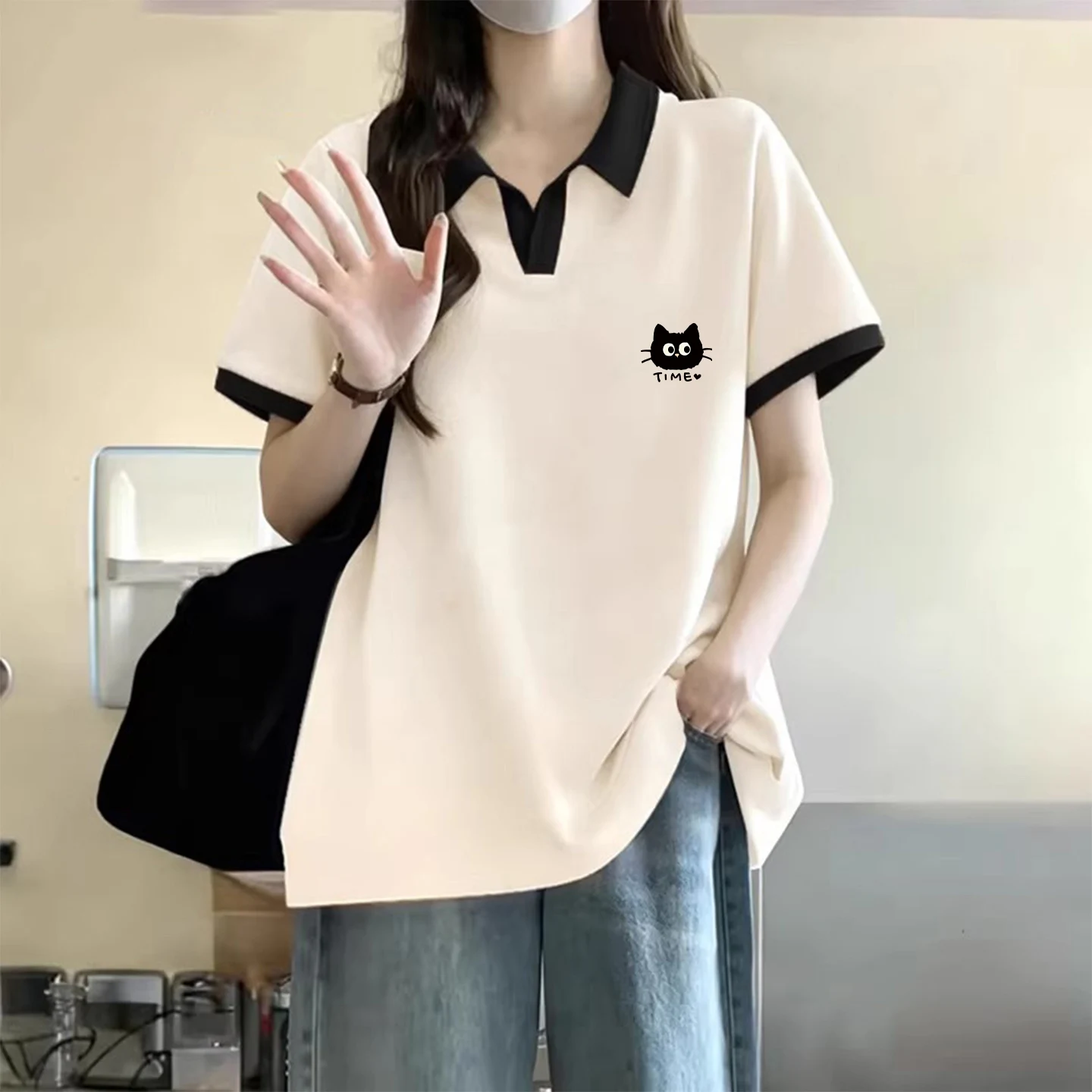 Oversize  Neck Short Sleeve T-Shirt Women Summer Loose Fit Turn-down Collar Trendy Top Korean Style Cotton Pure Elastic F...